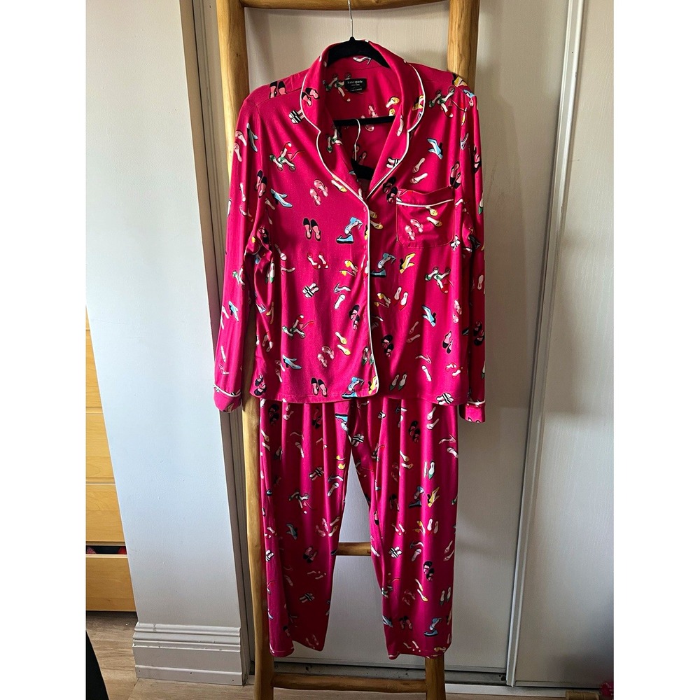 kate spade new york Womens Pink Shoe Graphic Print Pajama Set Long Sleeve L